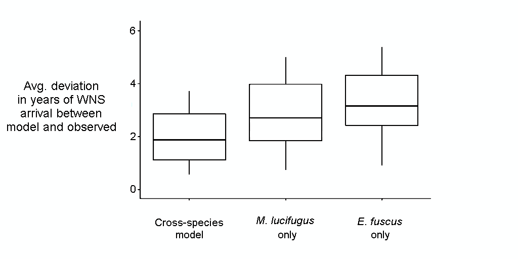kristjan_mets's tweet photo. 4/5 #WBTC1 #PopBio1 Addition of multi-roosts produces closer fit to observed spread, esp for E. fuscus. Avg deviation in model yr of infection ⬇️ w/ multi model. ⬇️ strength of cross-species infection, but greater rate of initial colony infection w/ both species modeled. https://t.co/kvD55ZziNS