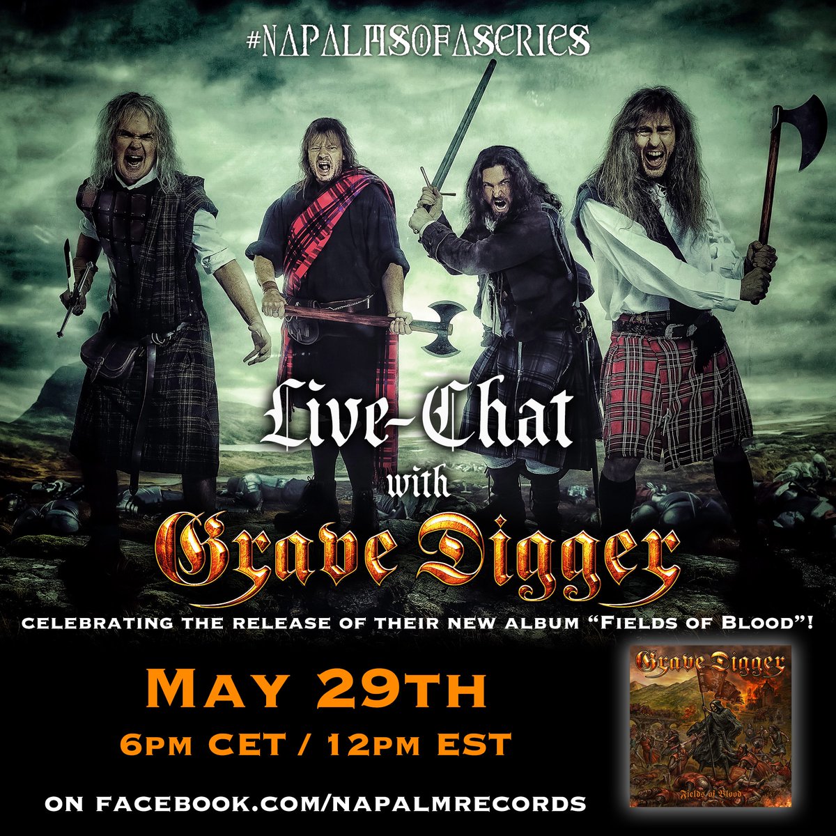 NapalmRecords's tweet photo. This Friday at 6pm CET / noon EST, @GRAVEDIGGERclan will be LIVE on Facebook (https://t.co/3R6UIUMwwo), answering your questions about their new album #FieldsOfBlood, touring and more! Join the #NapalmSofaSeries!
Pre-order "Fields of Blood": https://t.co/TqjVdKfGjc https://t.co/RdzVsDgXJK