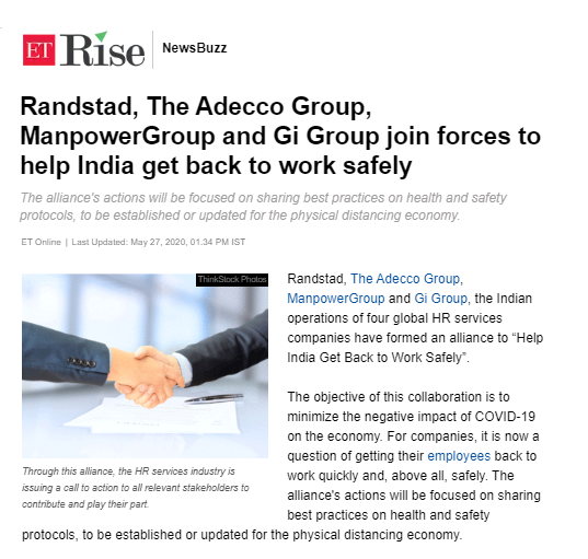 ManpowerGroupIn's tweet photo. ManpowerGroup India, along with @RandstadIndia, The Adecco Group, &amp; @Gigroupindia have formed an alliance to Help India Get Back to Work Safely.

Know more: https://t.co/ITQfMXpO19

Featured in: Economic Times, Moneycontrol, Outlook India, Times of India, The Hindu, and more. https://t.co/Z9vGq9505f