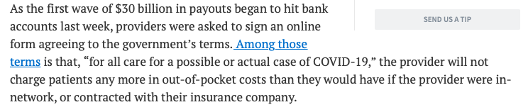 Now COVID-19 complicates things because now patients (aka *consumers* if you are an insurance company) are supposed to be immune from paying anything**.See reporting from  @emmarieDC:  https://khn.org/news/in-fine-print-hhs-appears-to-ban-all-surprise-billing-during-the-pandemic/