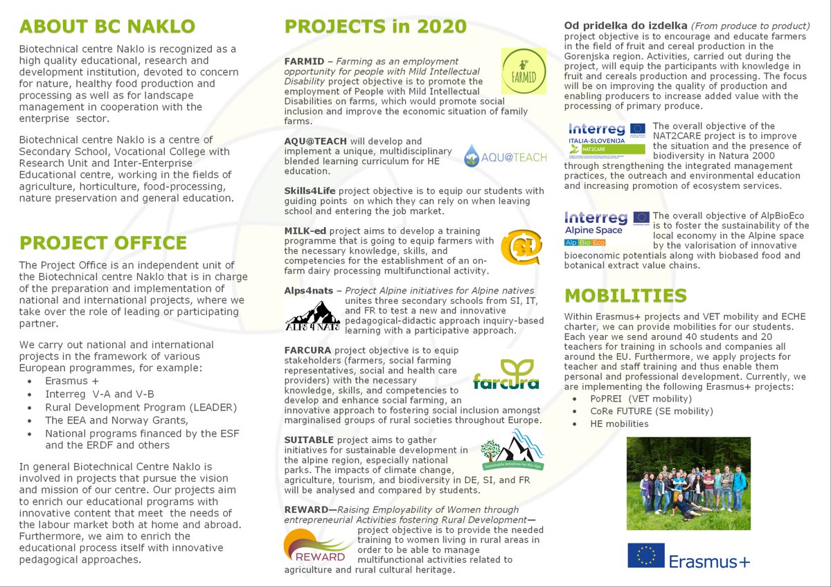 ProjectsBCNaklo's tweet photo. A short summary about Biotehniški center Naklo and the projects we are working on in 2020 🌿🌾🍎

#projectmanagement #agriculture #ruraldevelopment #socialfarming #natureprotection #Slovenia @Erasmus_Project @EUAlpineSpace https://t.co/LSNDI6HUEv