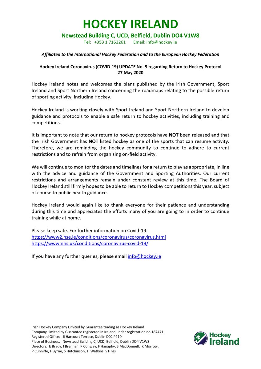 irishhockey's tweet photo. Hockey Ireland Coronavirus (COVID-19) UPDATE No. 5 regarding Return to Hockey Protocol 27 May 2020.

https://t.co/lpHowfu88f https://t.co/h1psfBIZ8w
