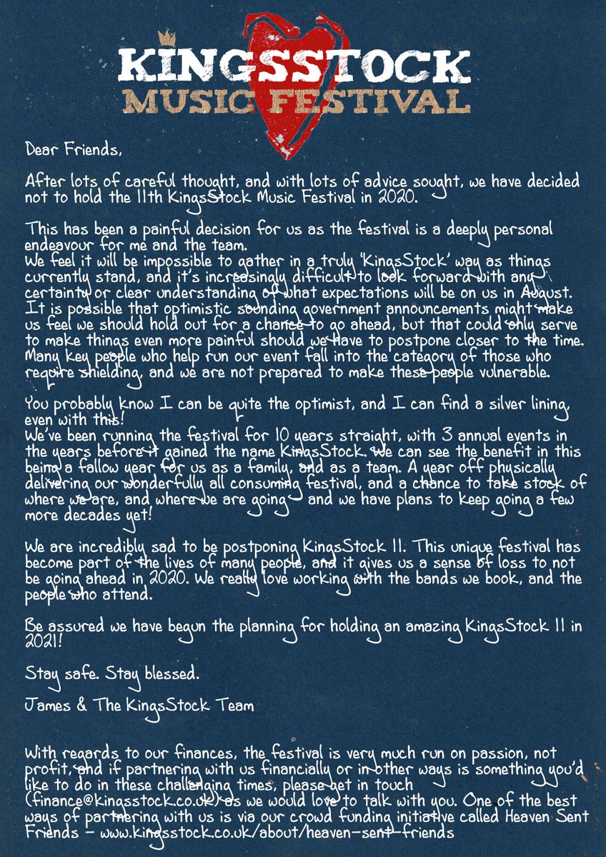 Dear Friends,  
After lots of careful thought, and with lots of advice sought, we have decided not to hold the 11th KingsStock Music Festival in 2020.  This has been a painful decision for us as the festival is a deeply personal endeavour for me and the team.