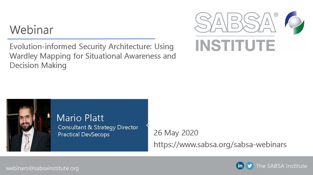 Webinar: Evolution-informed Security Architecture - Using Wardley Mapping for Situational Awareness &amp; Decision Making from Mario Platt <a href="/madplatt/">Mario Platt</a>  is now available on-demand for Institute Members. sabsa.org/on-demand-webi… #securityarchitetcure #informationsecurity #cybersecurity