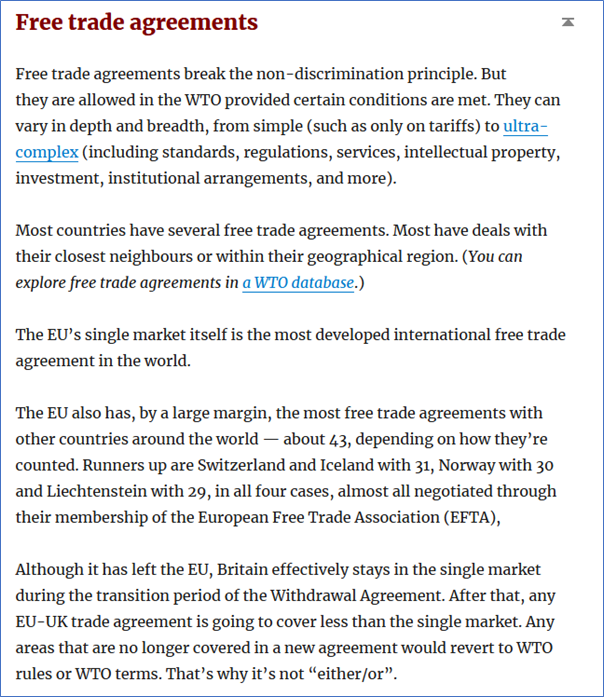 9/20— Free trade agreements are a permitted exception to MFN non-discrimination, allowing preferential trade.They can vary in depth and content from simple to ultra-complex.The type the UK and EU go for will determine how much trade is on WTO terms https://tradebetablog.wordpress.com/2020/05/27/wto-terms-part-1-meaning/#free