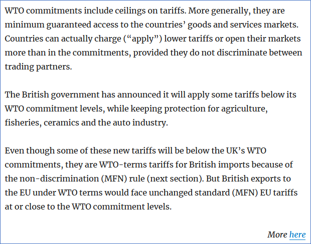 7/20—What are the UK’s commitments in the WTO?The UK says that in the WTO it will stick to commitments it made as an EU member (eg 10% on cars, 8% on some shoes, €9.4 per 100 kg for some types of sweetcorn), including services & government procurement. https://tradebetablog.wordpress.com/2020/05/27/summary-wto-terms-brexit/#what