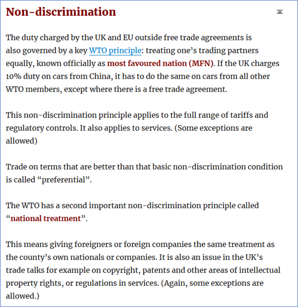 8/20—Non-discrimination. Two principles in the WTO:● Most favoured nation (MFN): treating one’s trading partners equally● National treatment: giving foreigners or foreign companies the same treatment as the county’s own nationals or companies https://tradebetablog.wordpress.com/2020/05/27/wto-terms-part-1-meaning/#nondiscrimination