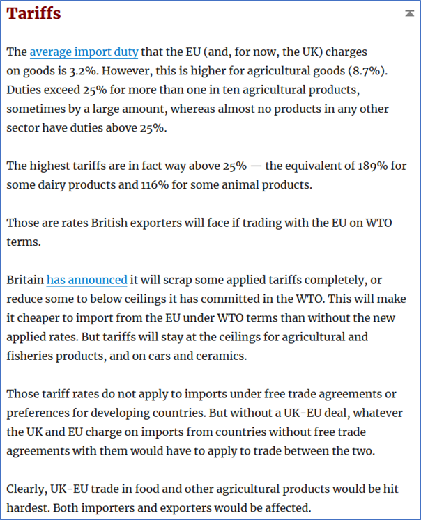 11/20—Tariffs. EU tariffs are at or close to applied rates.UK exporters will face these when selling to the EU under WTO terms.Duty on some British imports will be lower but will stay high for some goods, particularly food and agricultural products. https://tradebetablog.wordpress.com/2020/05/27/summary-wto-terms-brexit/#tariffs