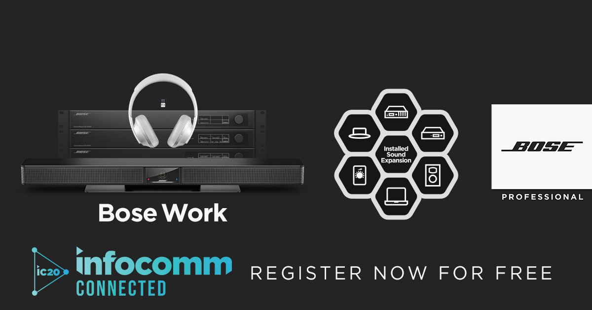 BosePro's tweet photo. Join us online June 16-18 for the @InfoComm Connected virtual event! You’ll learn about our new #BoseWork conferencing solutions and about our expanded range of installed sound products. https://t.co/H246krZeOP