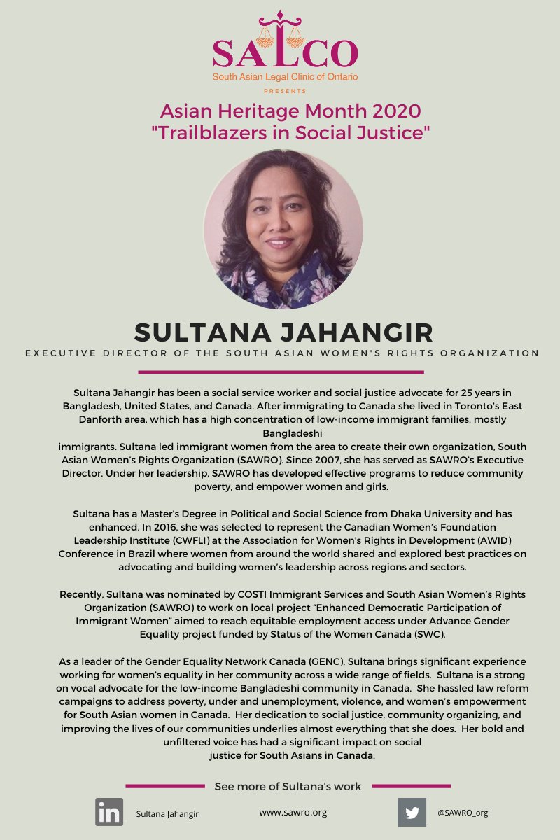 SALCOntario's tweet photo. This year to celebrate Asian Heritage Month, SALCO is highlighting three individuals who are trailblazers in Social Justice work. ⁣

Our second trailblazer is  @SAWRO_org ED Sultana J
⁣
#AsianHeritageMonth #TrailblazersinSocialJustice #SouthAsianHistory #BetheChange #SALCO⁣ https://t.co/7xbgZnfvHX