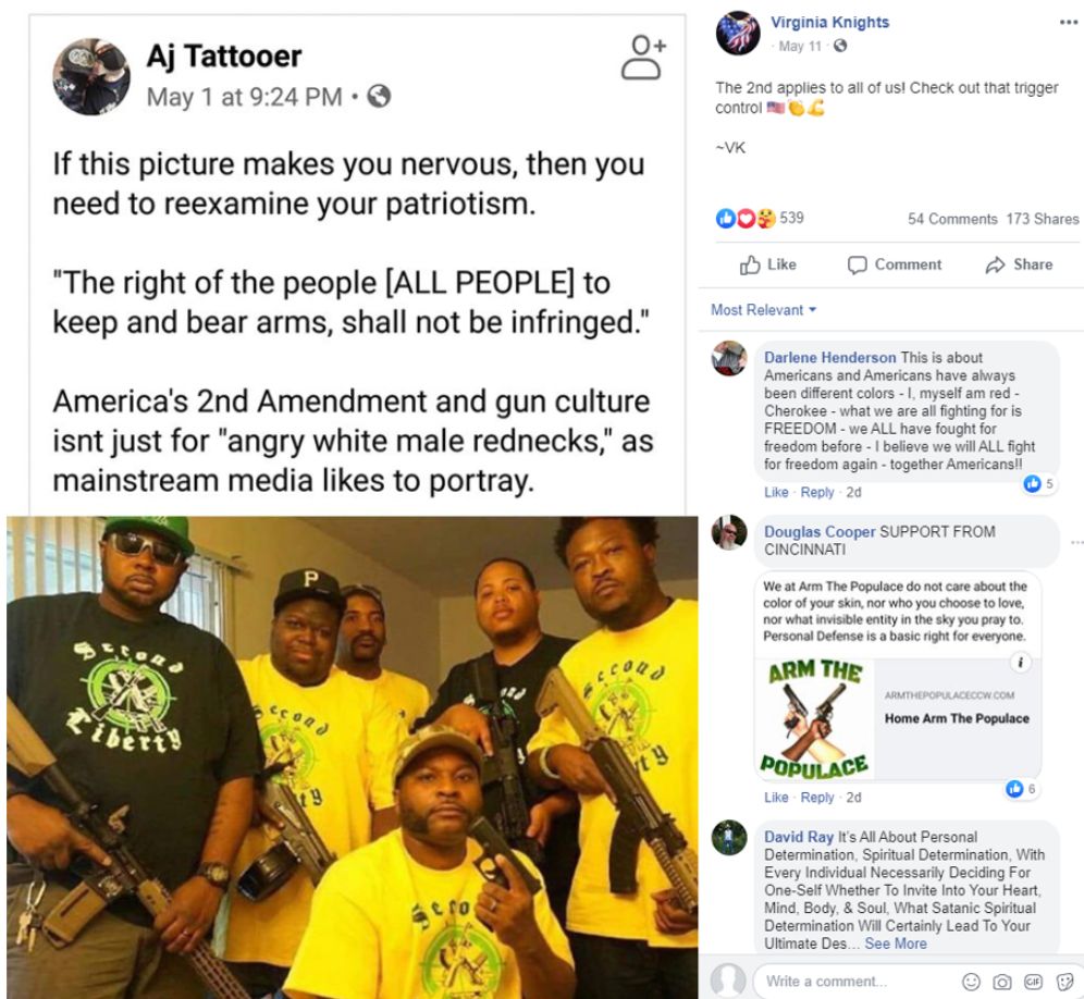 So, what's going on?Well, as  @IwriteOK and  @jason_a_w can reveal, there is division in the Boogaloo movement as to racial politics.The civil war these people envision is not necessarily a race war. Some want to encourage more and more black people to take up arms.