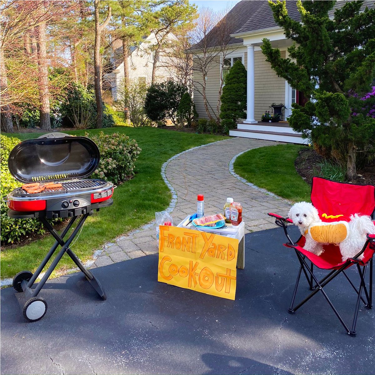 oscarmayer's tweet photo. Hot dogs ✅
Grill ✅
Front yard ✅
A dog in a hot dog outfit? ✅✅✅
That’s a 🔥 #FrontYardCookout setup. Who can beat it? Share yours here on Twitter through the month of May with #FrontYardCookout and we’ll donate a meal to @FeedingAmerica, up to a million. https://t.co/qlFRNouXtt