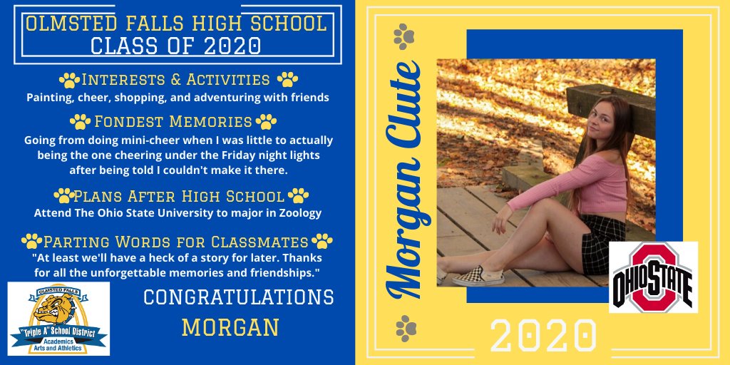 ofhsbulldogs's tweet photo. Senior Spotlight: Congratulations Morgan Clute, a graduating senior from the Olmsted Falls HS Class of 2020. We're proud of you! Good luck! Watch for more spotlights every day in May! @OFCSDistrict @OFHSLeoSpagnola @fallsclass2020 #OFClassof2020 #TheBulldogWay https://t.co/hKYI2BMX1d
