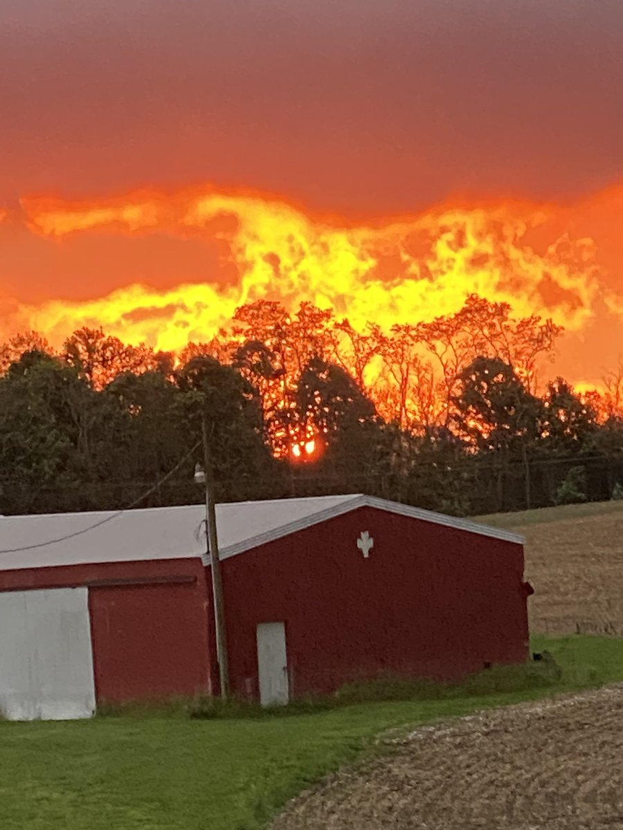MarcWeinbergWX's tweet photo. I wanted to share with you one of the most unique “Sky On Fire” sunsets I have ever seen. This was taken in Martinburg, IN on Friday night and sent to me by Brenda Beach. It literally looks like the sky is on fire with huge flames come off the tree. Can you see it? https://t.co/vRXHiRAOoy