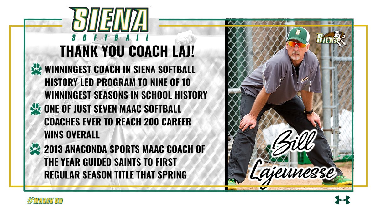 Siena Saints (@sienasaints) on Twitter photo πππππ πππ πππππ πππβοΈ
The winningest coach in <a href="/Siena_Softball/">Siena Softball</a> history, Bill Lajeunesse has retired following 1β£4β£ seasons of unprecedented success with the program, including the past π serving as the #SienaSaints head coach
π° bit.ly/3d9pwNK
#MarchOn πππππ πππ πππππ πππβοΈ
The winningest coach in <a href="/Siena_Softball/">Siena Softball</a> history, Bill Lajeunesse has retired following 1β£4β£ seasons of unprecedented success with the program, including the past π serving as the #SienaSaints head coach
π° bit.ly/3d9pwNK
#MarchOn