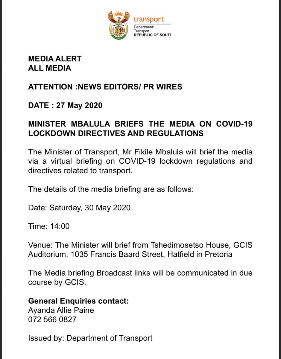 Minister <a href="/MbalulaFikile/">ANC SECRETARY GENERAL | Fikile Mbalula</a> will brief the media via a virtual briefing on COVID-19 lockdown regulations and directives related to transport

The details

Date: Saturday, 30 May 2020
Time: 14:00
Venue: Tshedimosetso House, GCIS Auditorium 

<a href="/GovernmentZA/">South African Government</a> <a href="/TrafficRTMC/">Road Traffic Management Corporation (RTMC)</a> <a href="/PRASA_Group/">PRASA Group</a>