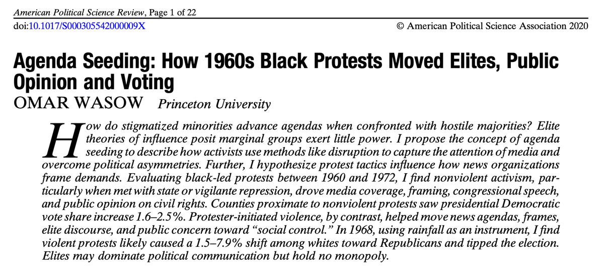 For the full analysis, below are links to the final paper and an ungated pre-print:Final version:  https://www.cambridge.org/core/journals/american-political-science-review/article/agenda-seeding-how-1960s-black-protests-moved-elites-public-opinion-and-voting/136610C8C040C3D92F041BB2EFC3034CUngated pre-print:  http://j.mp/agenda_seeding 