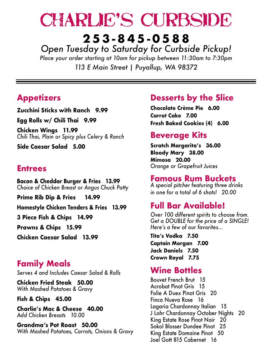 Charlies_puy's tweet photo. Hello everyone! We have an updated curbside menu, you might see a couple more favorite items that you’ve been missing. We are working so hard at feeding our loyal customers and trying to have more options for you and your families. Thank you for all the support we have gotten! https://t.co/4aZbE9mvVK