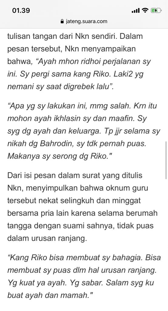 Jadi si ibu akhirnya pergi bersama selingkuhannya, kabur gitu, ninggalin surat untuk suami dan untuk orangtuanya juga. Ini surat untuk orangtuanya.