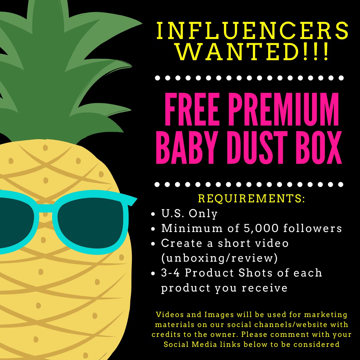 babydustbox's tweet photo. 🤩 INFLUENCERS WANTED!!! 🤩

What's in it for you?
🎁 Free Premium Baby Dust Box

Requirements:
🇺🇸 U.S Only
✅ Minimum of 5,000 followers
✅ Create a short video (unboxing/review)
✅ 3-4 Product Shots

#babydustbox #influencer #influencers #influencermarketing #influencerswanted https://t.co/DQC1uRA81H
