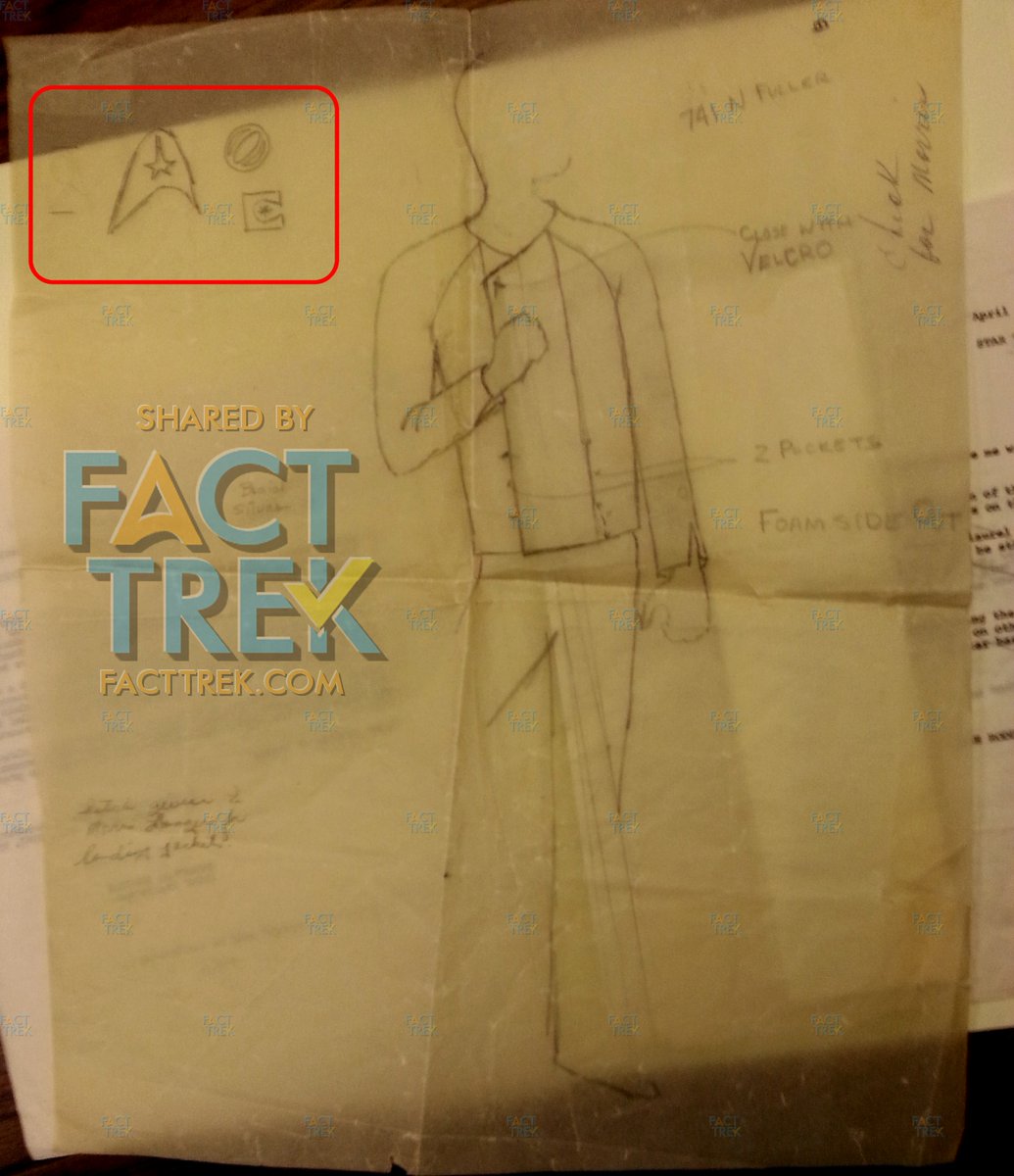  #StarTrek  ’s most distinctive emblem is the Starfleet arrowhead—which  #Roddenberry called “the Flying A” in one memo. We’ve found no record of who designed the emblem*, but it appears on this (late 1964**) sketch of the 1st pilot landing jackets by costume designer Bill Theiss.