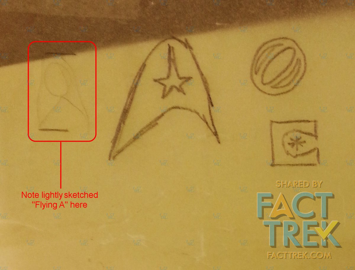  #StarTrek  ’s most distinctive emblem is the Starfleet arrowhead—which  #Roddenberry called “the Flying A” in one memo. We’ve found no record of who designed the emblem*, but it appears on this (late 1964**) sketch of the 1st pilot landing jackets by costume designer Bill Theiss.