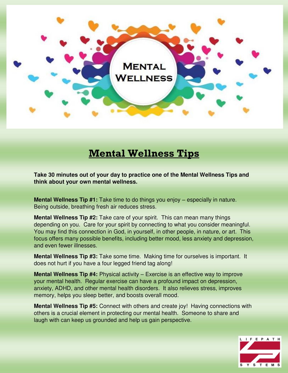 Lifepath86's tweet photo. It's Mental Wellness Wednesday!

Here are five wellness tips for you to ensure you're taking care of yourself each and every day. https://t.co/KK9qOemk6L