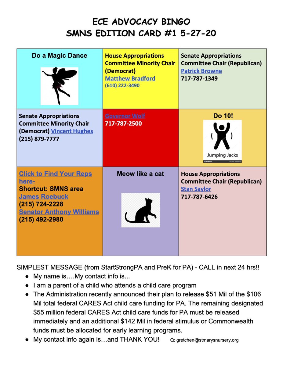 GretchElise's tweet photo. #fundchildcare #fundece crisis: 50% of childcare programs will close without massive funding infusion. Please call legislators TODAY. DM me for file access if you want to customize our #bingo board for your program location. @FirstUpEarlyEd @onwurd @PCCYteam @StartStrongPA @whyy https://t.co/PeuRcev0IE