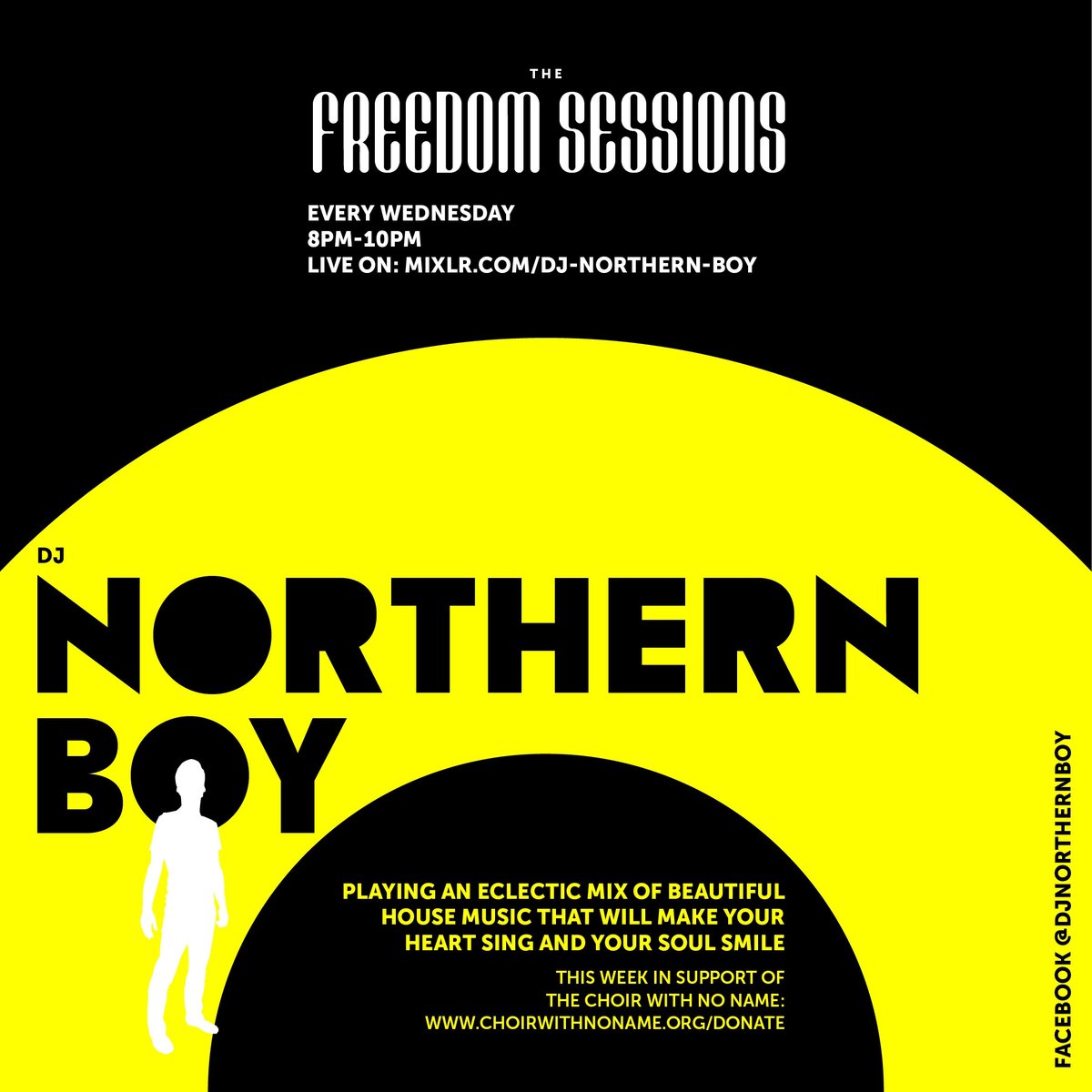 ChoirwithNoName's tweet photo. KICKS OFF IN 5 MINUTES! Tune into the Freedom Sessions with @DJNorthernBoy1 at 8pm for an eclectic mix of house music to make your soul smile, all in support of Choir with No Name 😎 https://t.co/VsfMYmgCe2 #FreedomSessions #housemusic #session #DJset #charity https://t.co/wz2S0IUCjl