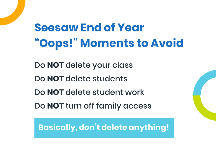 Seesaw's tweet photo. It's time to prepare your Seesaw class for the end of the year. It's easy!

Free Ts: 
1. Archive your class in Class Settings
2. Support families to download their child's journal

Seesaw for Schools Ts: Leave your class as is!

Just make sure you DON'T DELETE ANYTHING! https://t.co/5jkMwJUaAy
