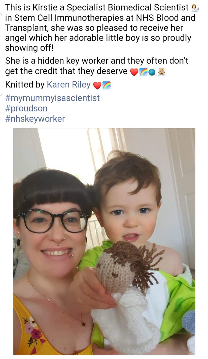 danimoo80's tweet photo. Kirstie is a Biomedical Scientist @NHSBT and today she received her very own #knittedwithlove angel from @NhsKabs much to her boys delight 💙👼 #hiddenkeyworkers #NHSkeyworkers  #momandson #angelsforangels #staysafe #NHSKABS2020 #spreadingsmiles #nominateamate @emzys1986 https://t.co/l6PEnGIvvL