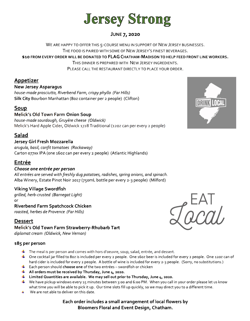 RestSerenade's tweet photo. Eat (and drink) around the state with our Jersey Strong dinner on June 7th! We've created a 5-course menu (appetizer, soup, salad, entrée and dessert) with all locally-sourced ingredients We're also donating $10 from each order to help feed frontline workers. Price is $85/person. https://t.co/pFepmtbDwr