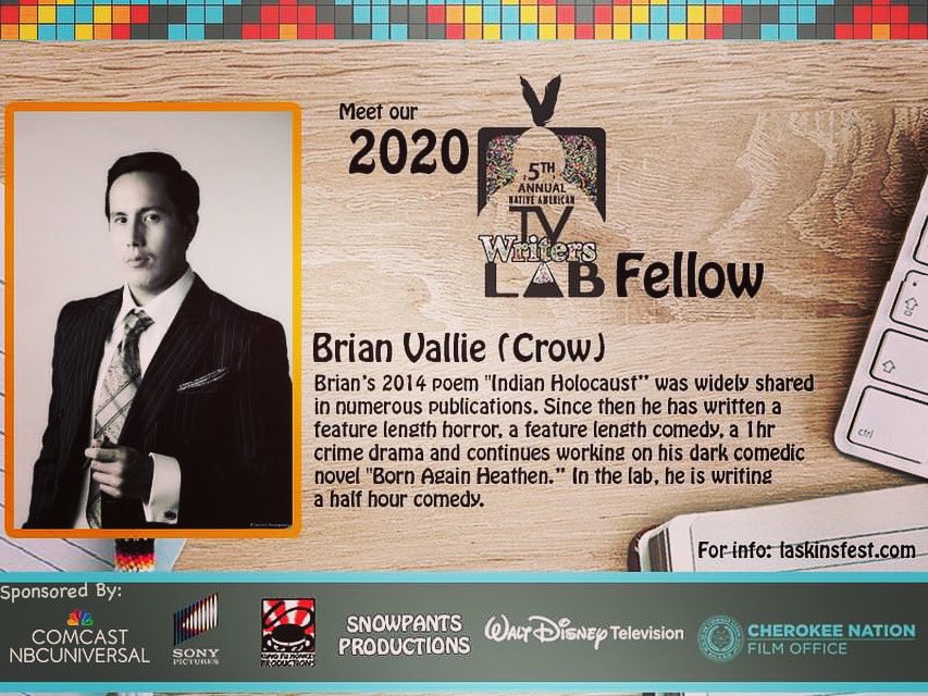 LASKINSFEST's tweet image. Meet our 5th Annual Native American TV Writers Lab Fellow Brian Vallie born and raised on the Crow reservation in Montana. In the lab, he is writing 
a half hour comedy. #nativewriter