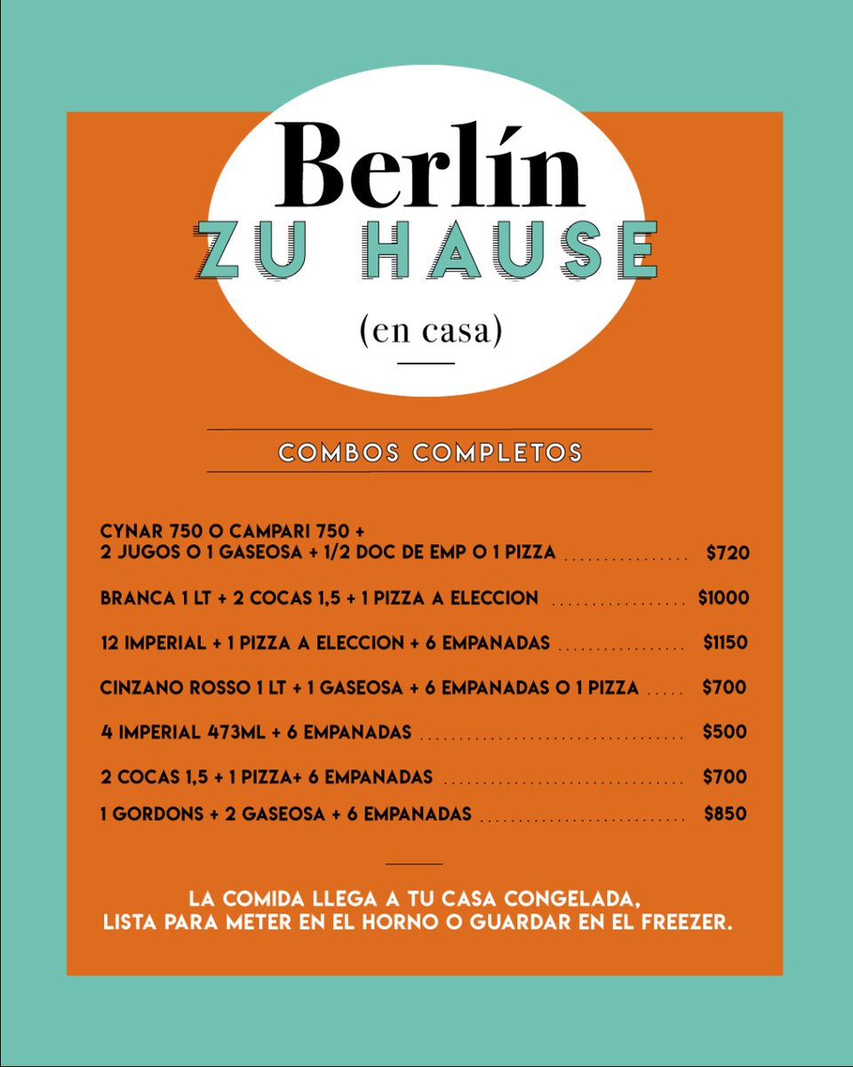 Berlineamos's tweet photo. VOLVEMOS! O mejor dicho, vamos! 🔥 .

A partir de este finde, Berlín llega a tu casa 🏠🙌 Tenemos de todo:
✨ combos de cena con comida + bebida .
✨ combos de bebidas .
✨ pizzas y empanadas .

Hacé tu pedido por WhatsApp 📲 al 3415019068 https://t.co/CURX1Lefhm