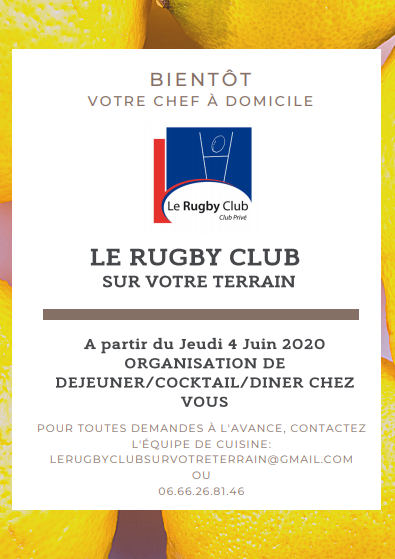 Reprise en douceur au Rugby Club à partir du 4 juin. Mélanie et Laurent, notre équipe cuisine nous propose une offre à emporter, en livraison ou à domicile. 
Pour voir la carte dès aujourd'hui et pouvoir commander demain, cliquez sur le lien suivant : lerugbyclub.byclickeat.fr