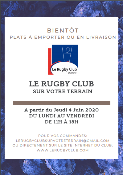 LeRugbyClub's tweet photo. Reprise en douceur au Rugby Club à partir du 4 juin. Mélanie et Laurent, notre équipe cuisine nous propose une offre à emporter, en livraison ou à domicile. 
Pour voir la carte dès aujourd'hui et pouvoir commander demain, cliquez sur le lien suivant : https://t.co/jQ3NAeYVwv https://t.co/pGfO6gJZxG