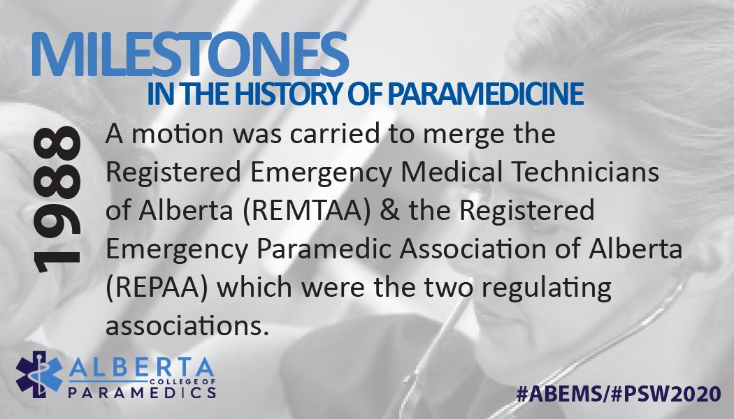 ParamedicAB's tweet photo. In recognition of Paramedic Services Week, we are celebrating some of the profession’s milestones. If you have a noteworthy milestone to share send it to Communications@ABparamedics.com. #ABEMS #PSW2020 #PSWeek https://t.co/XVnwQGKwyK