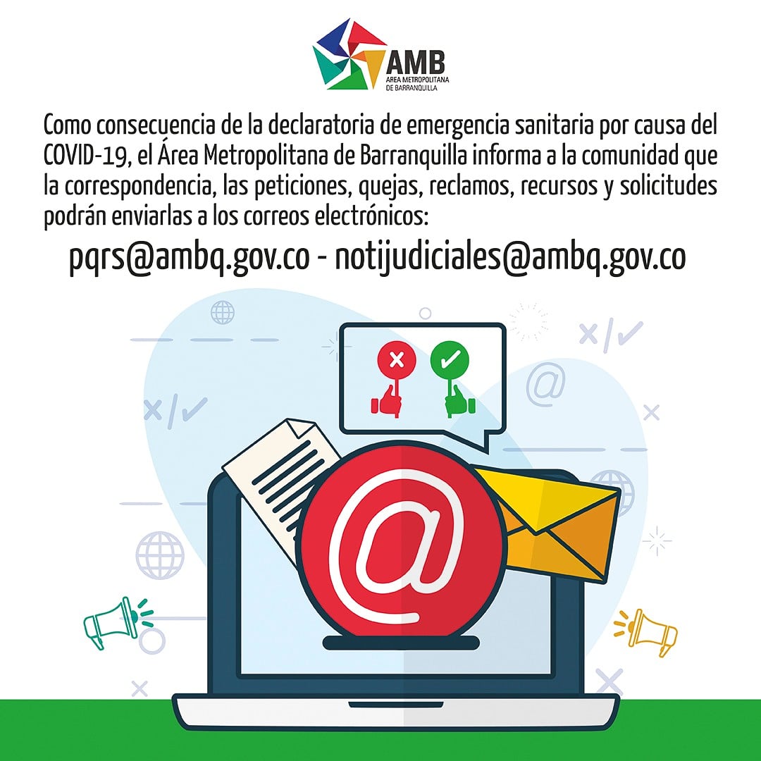 AMBQuilla's tweet photo. El @AMBQuilla informa que aún sigue suspendia la atención al público por el aislamiento preventivo obligatorio.
La comunidad puede enviar sus peticiones, quejas y solicitudes a nuestros correos electrónicos:
📧 pqrs@ambq.gov.co
📧 notijudiciales@ambq.gov.co
#QuédateEnCasa🏡 https://t.co/Re91Xvo2fB