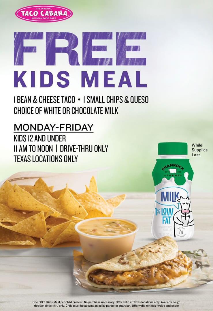 MetrocrestHelps's tweet photo. Taco Cabana is offering kids a free lunch - including a bean and cheese taco, chips and queso and a drink - at all Texas locations through the end of summer. The program is available to kids 12 and under, every weekday from 11 a.m. to noon. Drive-thru only. https://t.co/rESDkAQVd7