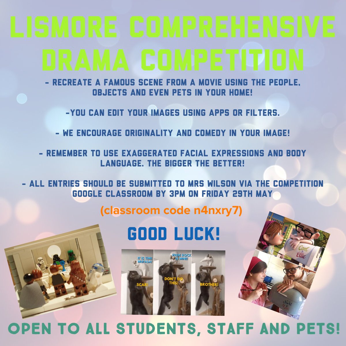 LismoreD's tweet photo. We have had some really brilliant entries for our Drama competition today! Don’t forget to upload your own entry before 3pm this Friday! We encourage all students to join in and have some fun with this! 🎭 🎥 🍿@lismorecomp https://t.co/aViEayLQSy