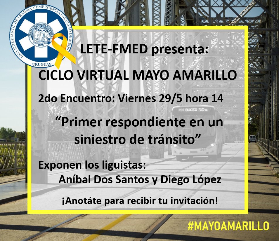 CICLO VIRTUAL MAYO AMARILLO
2do encuentro: "Primer respondiente en un siniestro de tránsito"
Anotáte para recibir tu invitación: forms.gle/xgkXTznFMzWfy6…
#letefmed