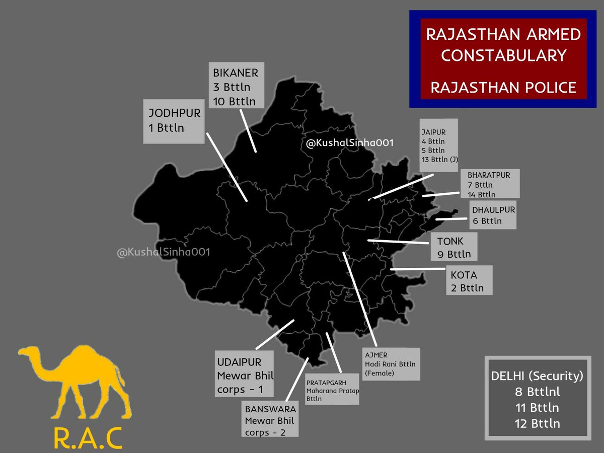 Rajasthan Armed Constabulary (RAC), Mewar Bhil Corps (MBC) and others. • RAC - 14 Bttln, MBC - Bttln, Female Bttln - 1 Bttln, IR Bttln - 1• RAC has a rich history, some units also participated in the '65 Indo-Pak war.• Some RAC Bttln are more than 120 yrs old #PoliceORBAT