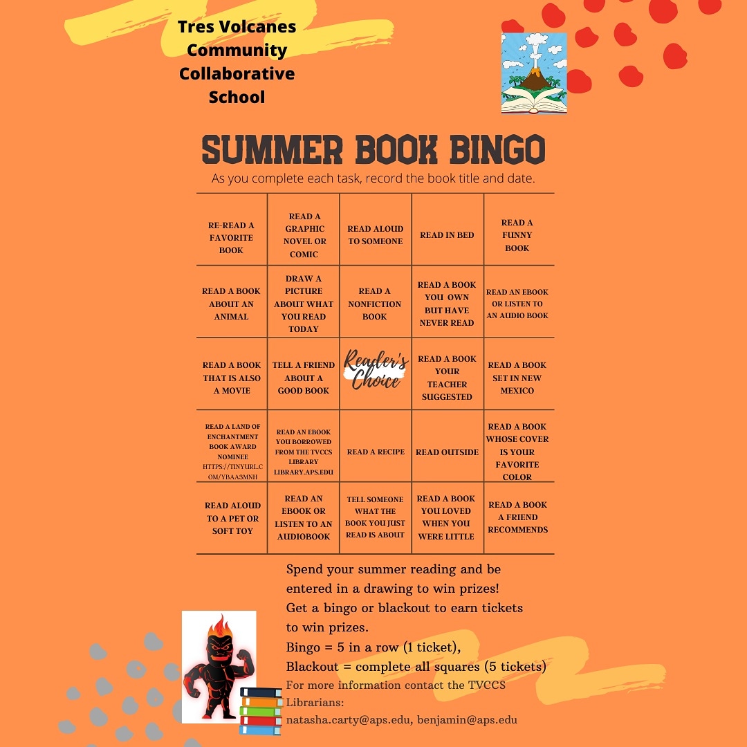Keep reading all summer! Have fun and challenge yourself with our own TVCCS Summer Book Bingo! Check out our TVCCS Library website to find out more. 
tvcc-aps-nm.schoolloop.com/library?utm_so…
<a href="/apslibs/">APS Libraries</a> <a href="/tres_school/">Tres Volcanes Community Collaborative School</a> #NMSchoolLibrarians #NMPED