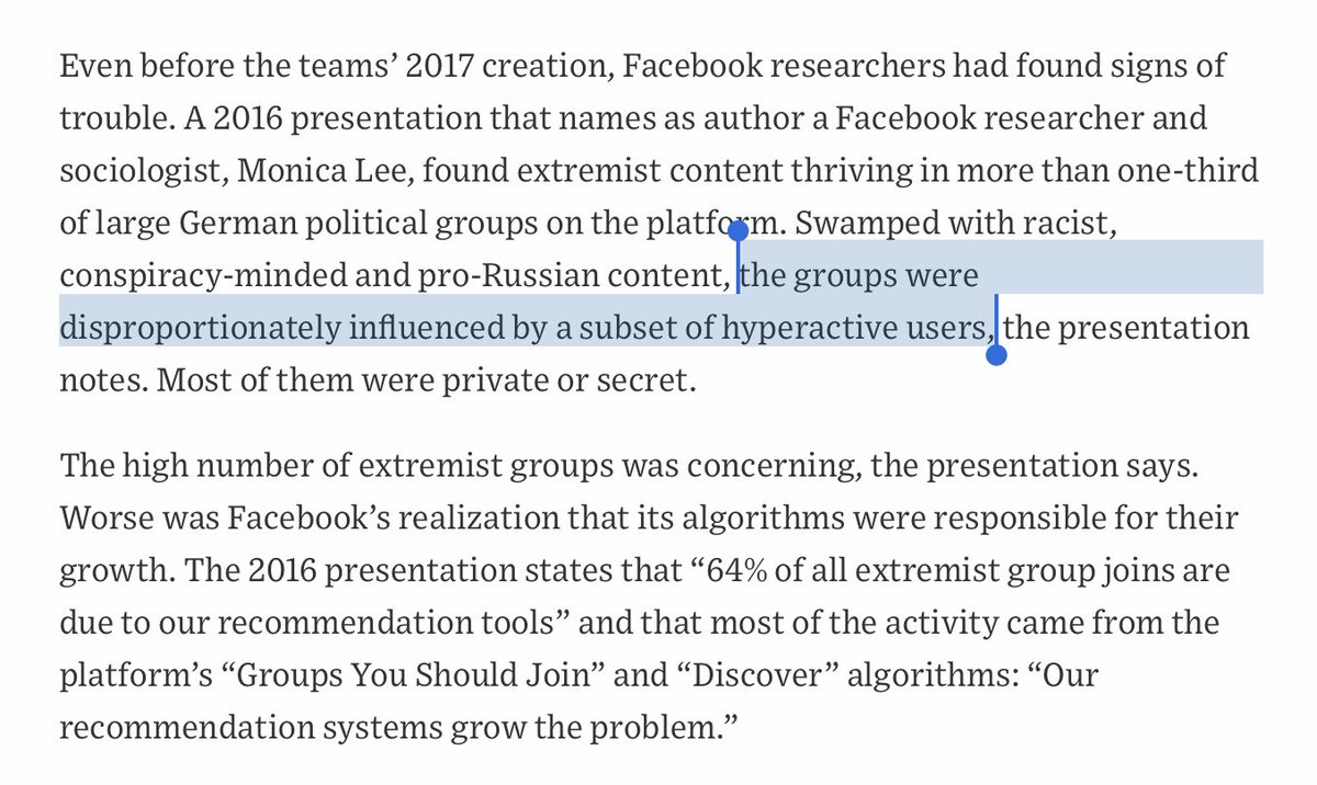 Interesting bit in the WSJ re: Facebook’s reco engine, a researcher found German political FB groups were “Swamped with racist, conspiracy-minded and pro-Russian content, the groups were disproportionately influenced by a subset of hyperactive users”  https://www.wsj.com/articles/facebook-knows-it-encourages-division-top-executives-nixed-solutions-11590507499