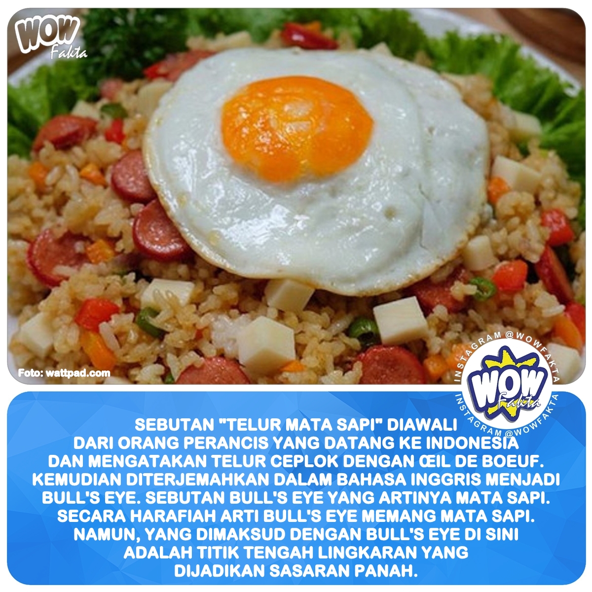 kontenwow's tweet photo. Sebutan "#TelurMataSapi" diawali dari orang Perancis yang datang ke Indonesia dan mengatakan #telurceplok dengan Œil de Boeuf. Kemudian diterjemahkan dalam bahasa Inggris menjadi Bull's Eye. Sebutan Bull's Eye yang artinya mata sapi. https://t.co/4xTHxCXsdL