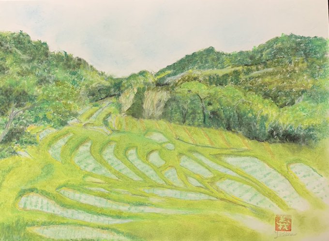 割引 水彩画「霧晴れて―千枚田の朝」 風景画 絵画