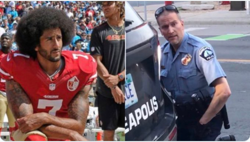 SusieBeth72's tweet image. If you are NOT OK with the kneeling on the left, but YOU&apos;RE OK with the kneeling on the right....it was NEVER about the National Anthem!!! #IKneelWithColin @Kaepernick7 #BeOutraged #GeorgeFloyd #ArrestTheOfficerForMurder
