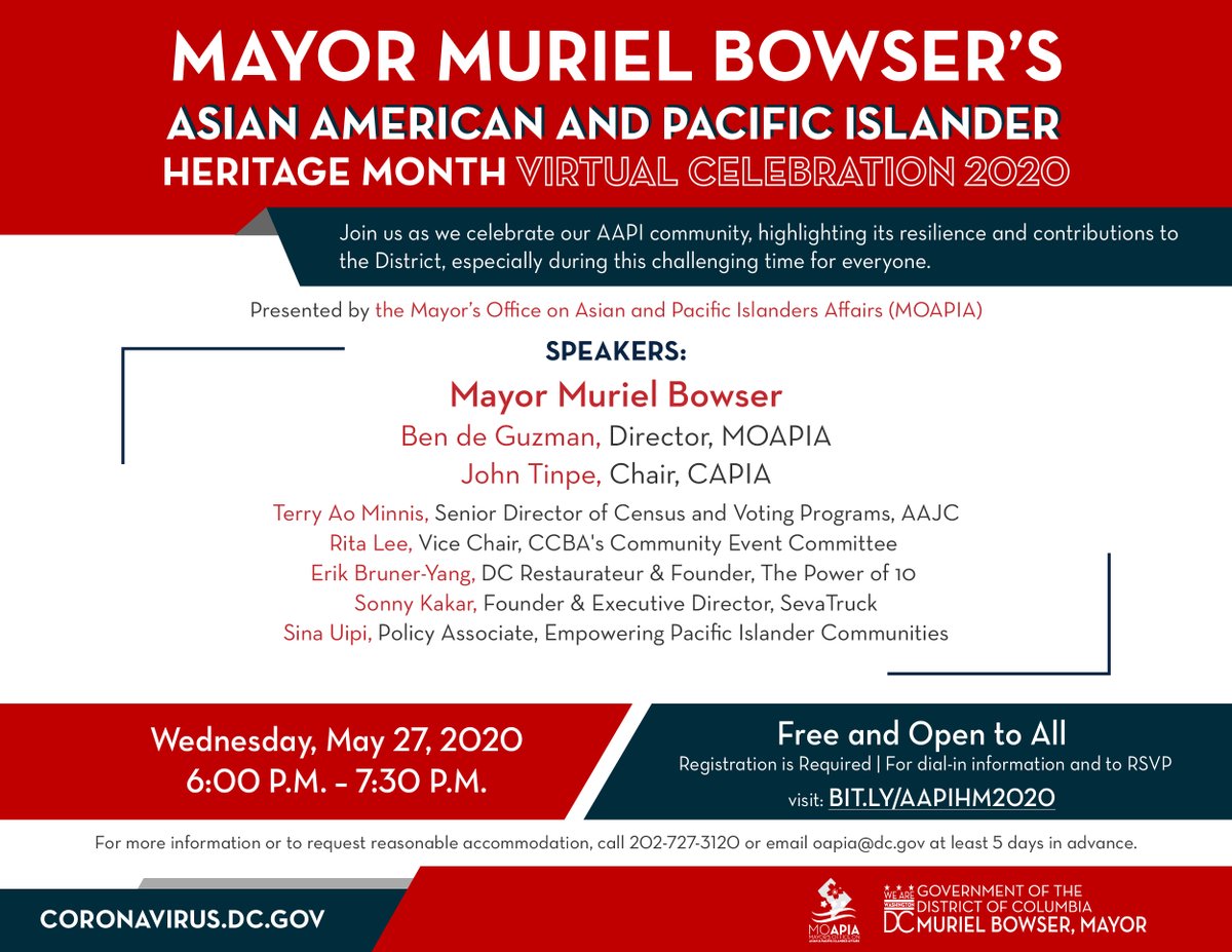 dcmoapia's tweet photo. Tonight is the night! Join @MayorBowser and @dcmoapia
at 6:00 PM as we celebrate #AAPIHeritageMonth Have a question? Ask during our Q&A session about DC's and MOAPIA's operations, the Census, and to our guest speakers! #AAPIHM2020 #BuildingResilienceTogether #DCValues https://t.co/M6rxFUZveE