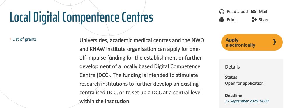 Dutch public universities can now apply for funding to establish/ advance locally based Digital Competence Centres. These aim to bundle expertise of #FAIRdata #DataStewardship, software and computing. Deadline is 17 September 2020, 2pm CE(S)T <a href="/NWONieuws/">NWO Nieuws</a> bit.ly/3gr8c90