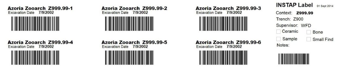 My dad had been doing this for a while, and wrote some nifty archaeological barcoding software to get rid of half the typosYou can read about it here:  https://www.researchgate.net/publication/40853132_The_Use_of_Barcodes_in_Excavation_Projects_Examples_from_Mossel_Bay_South_Africa_and_Roc_de_Marsal_FranceBelow are some sample barcode tags/3